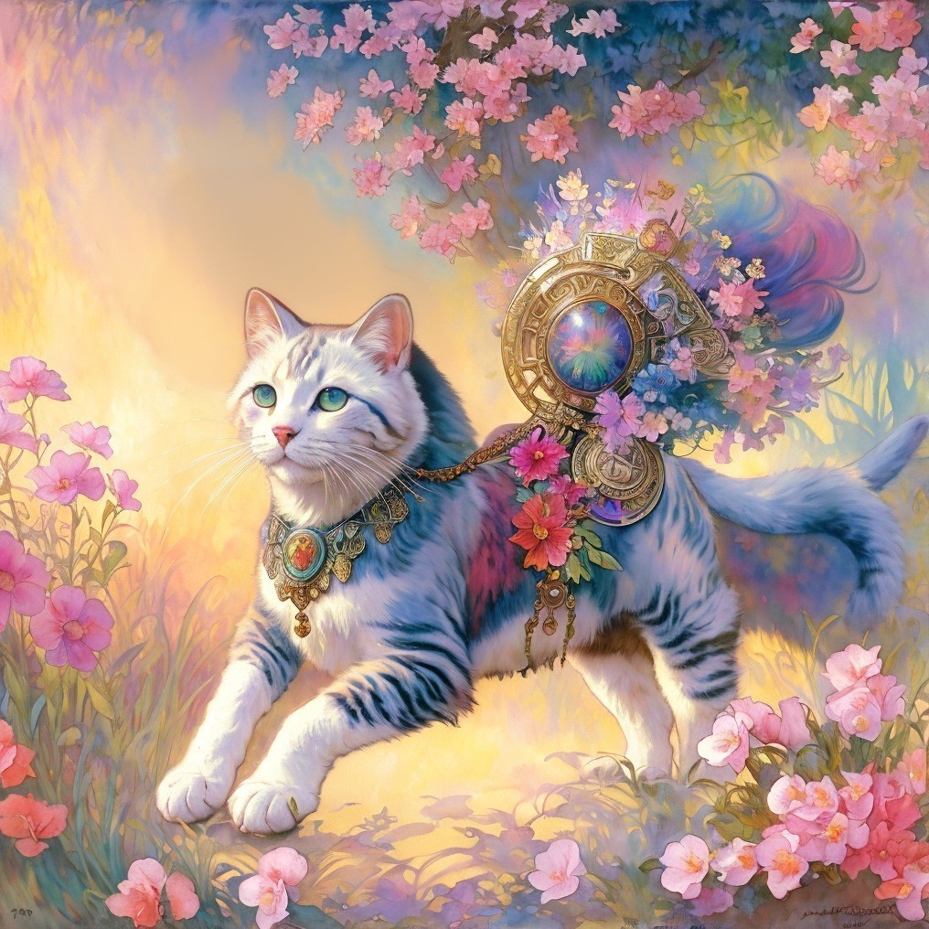 Whimsical Cat in Dreamlike Floral Landscape
