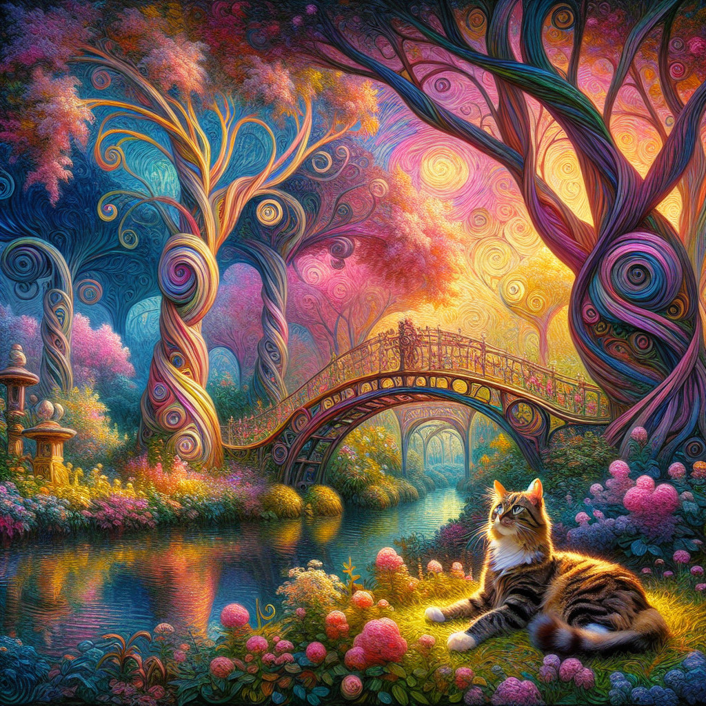 Vibrant Garden Scene with Large Cat and Colorful Flora