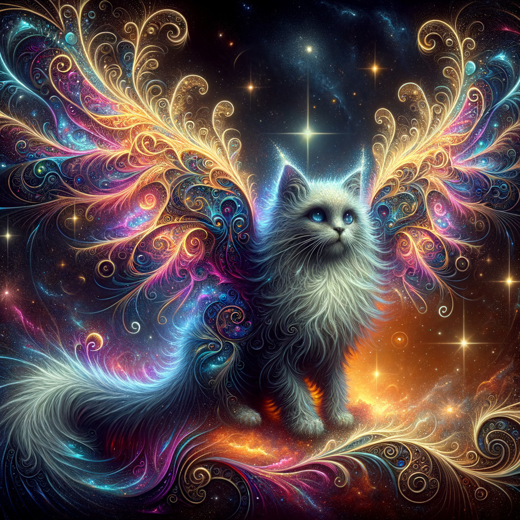 Fluffy Cat with Colorful Wings in Cosmic Setting