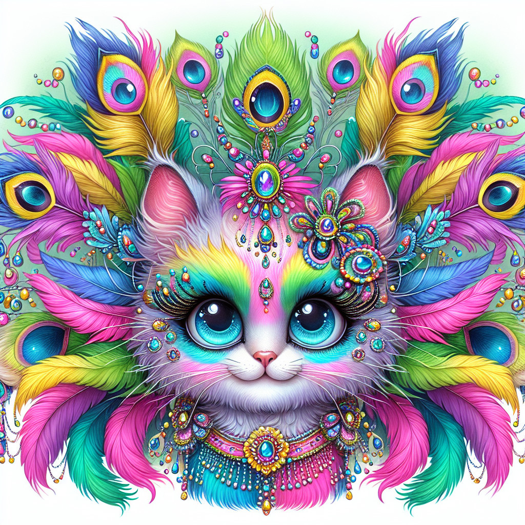 Whimsical Cat Illustration with Peacock Feather Headdress