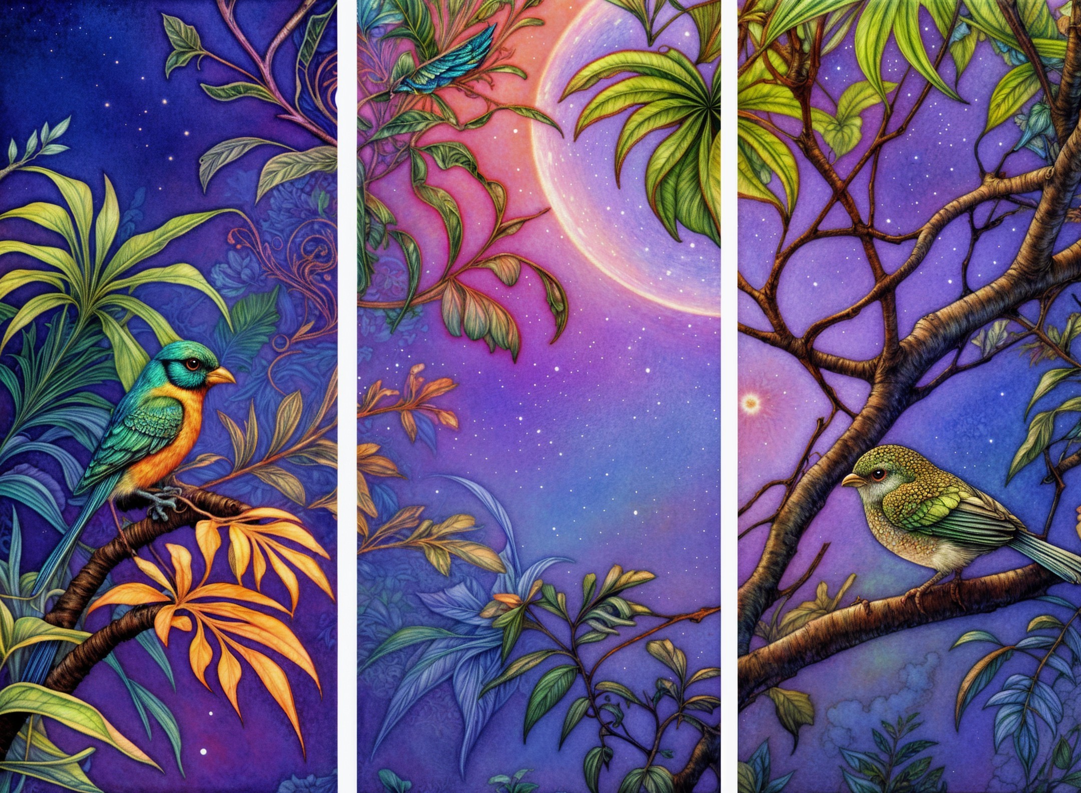 Vibrant Tropical Triptych with Birds and Moonlight