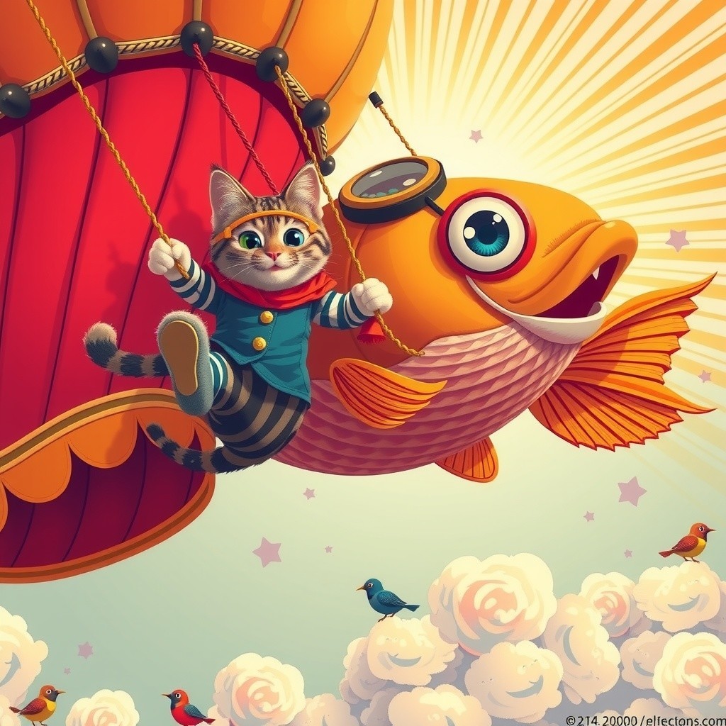 Playful Cat in Blue Outfit in Colorful Hot Air Balloon