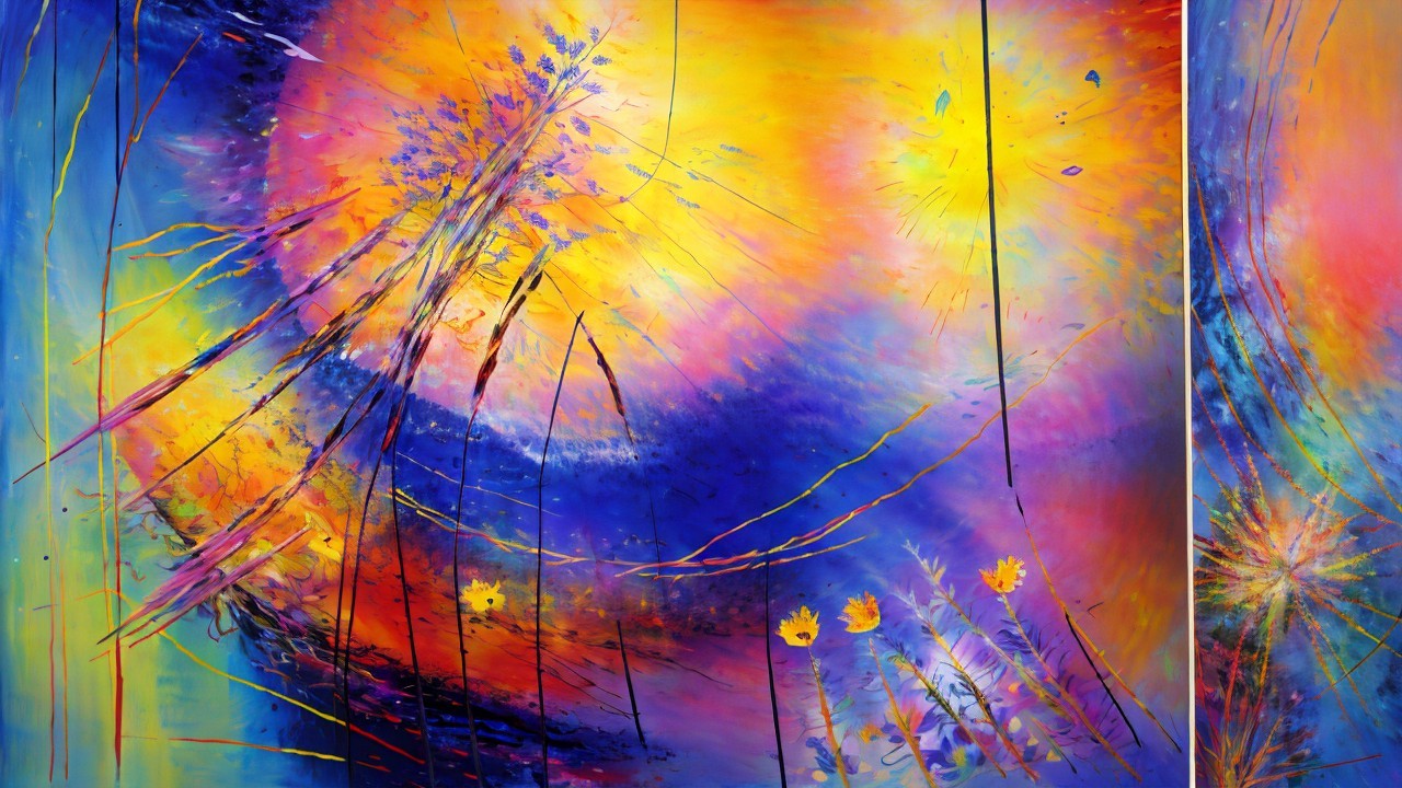 Abstract Composition with Vibrant Colors and Floral Elements