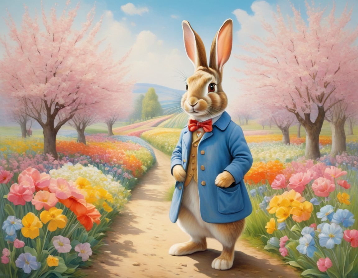 Charming Rabbit in Flower-Filled Spring Meadow