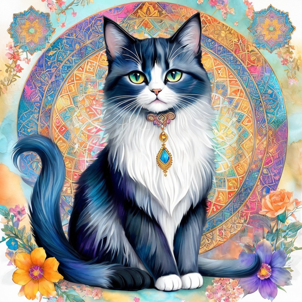 Blue and white cat in a colorful mandala setting