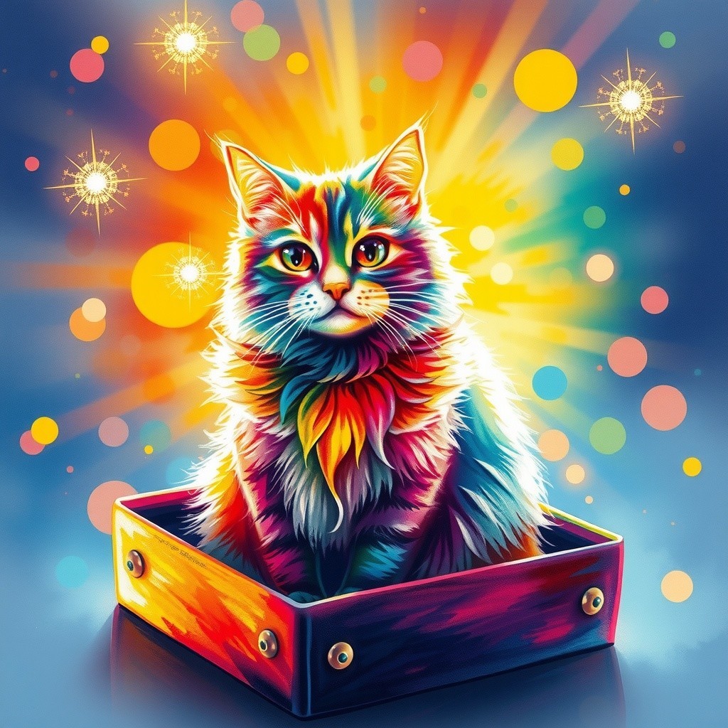 Colorful Cat in Box with Dreamy Background Effects