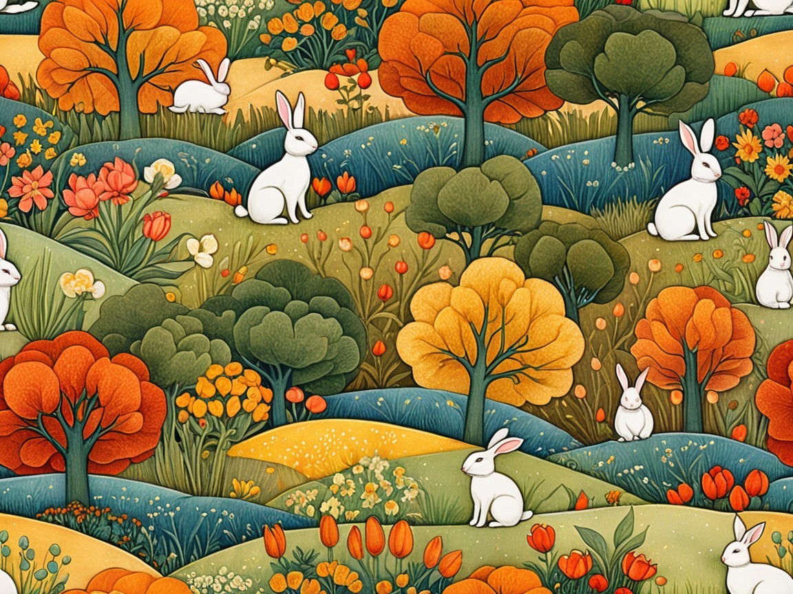 Whimsical Autumn Landscape with Rolling Hills and Rabbits