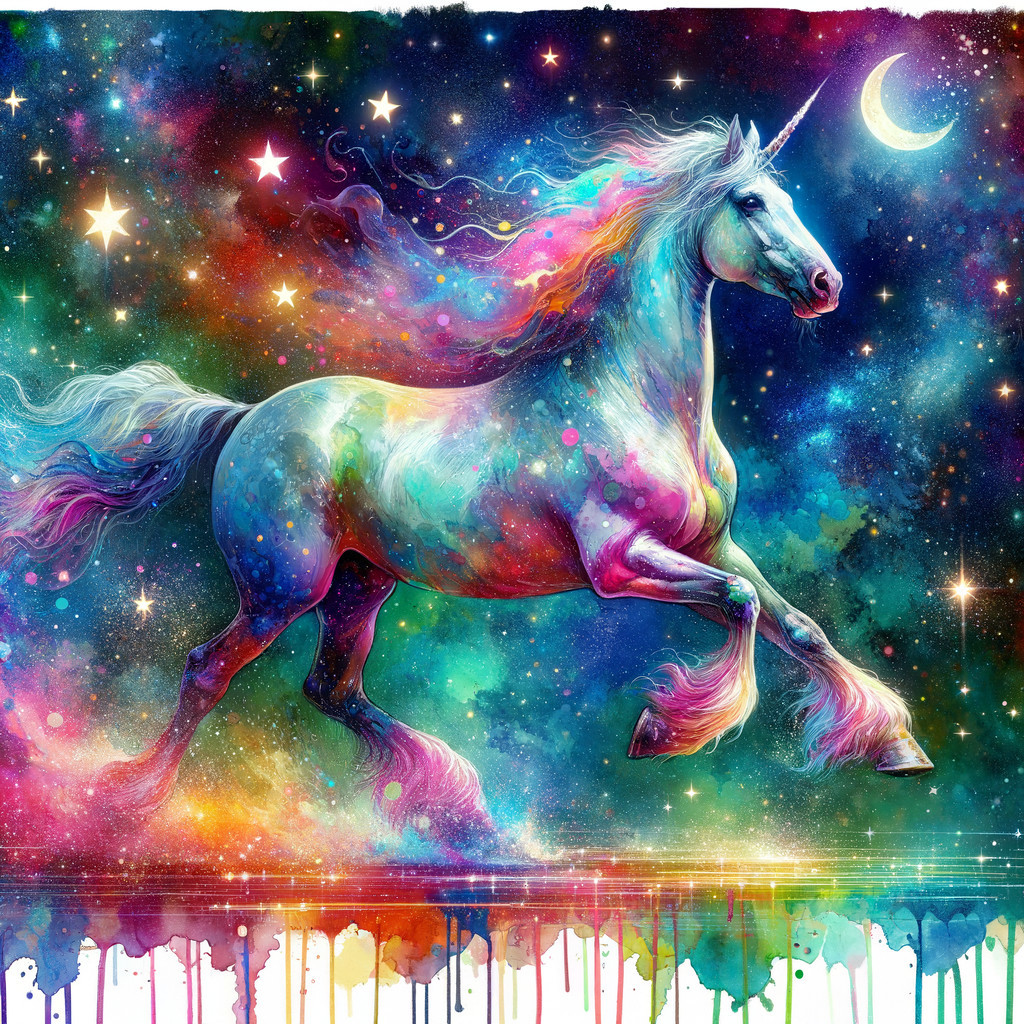 Unicorn in a Vibrant Cosmic Landscape with Stars