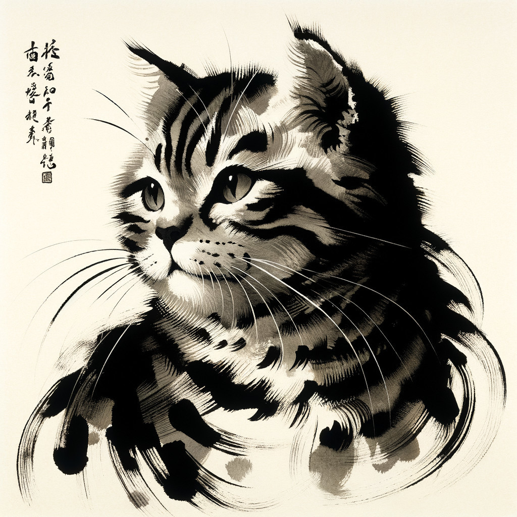 Traditional Japanese Ink Wash Painting of a Tabby Cat