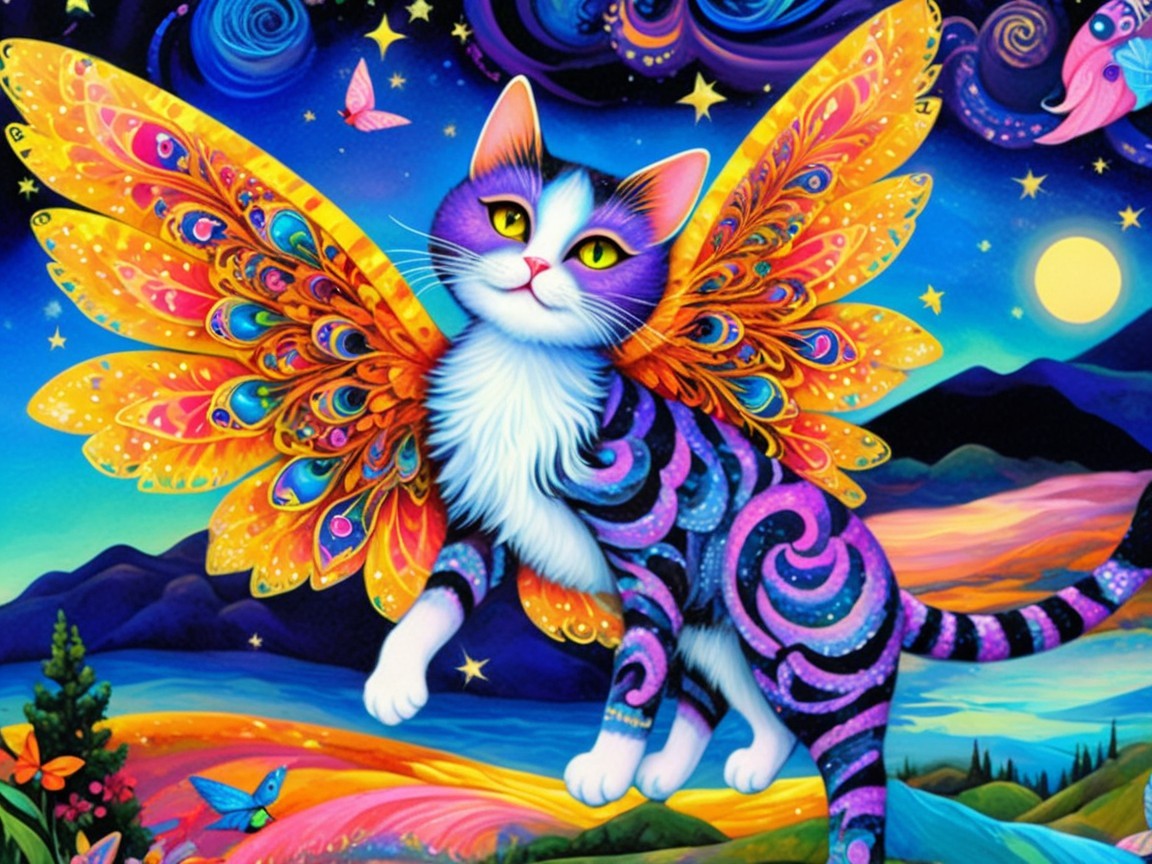 Whimsical Cat with Colorful Peacock Wings in Dreamscape
