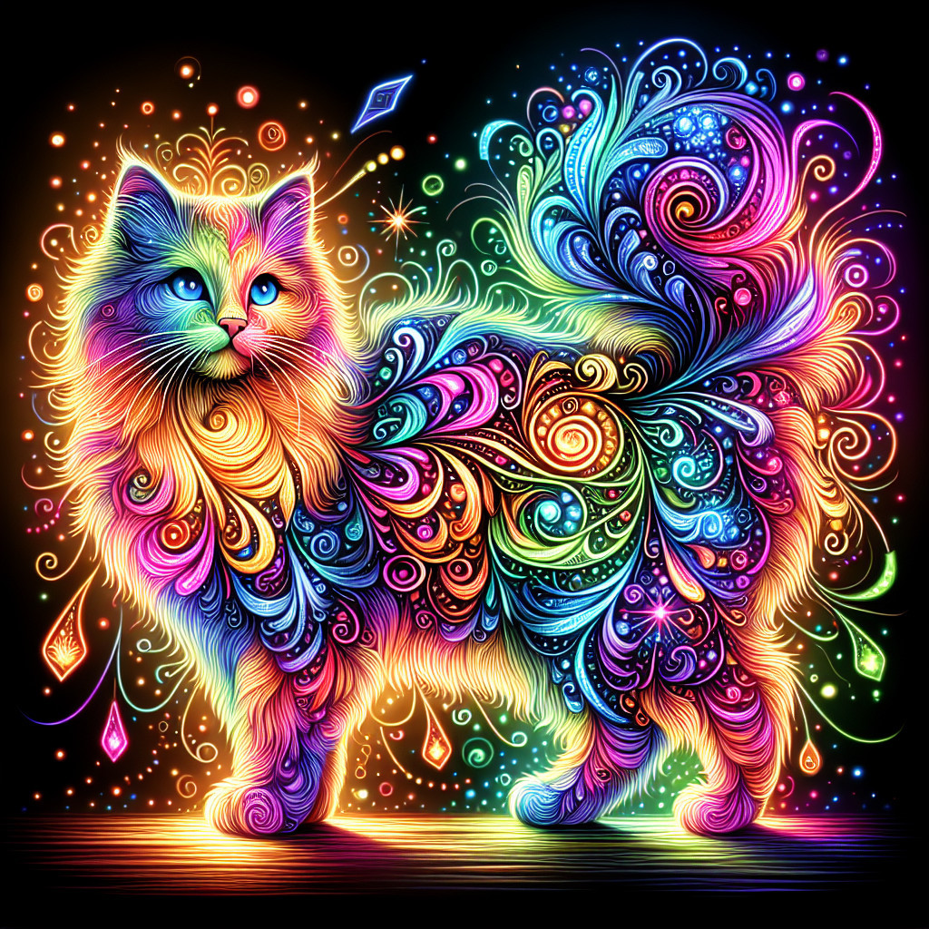 Colorful Cat with Cosmic Patterns Against Dark Background