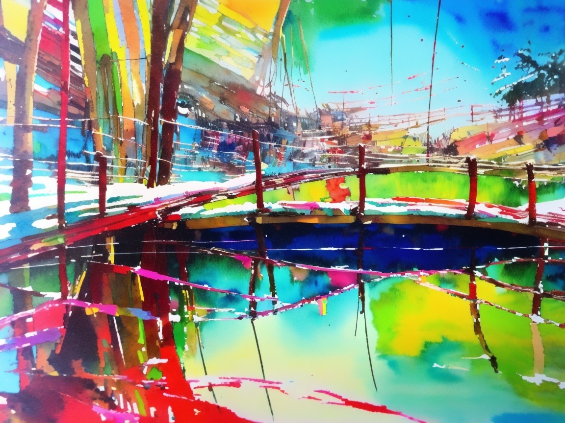 Watercolor Bridge Over a Shimmering Pond Scene