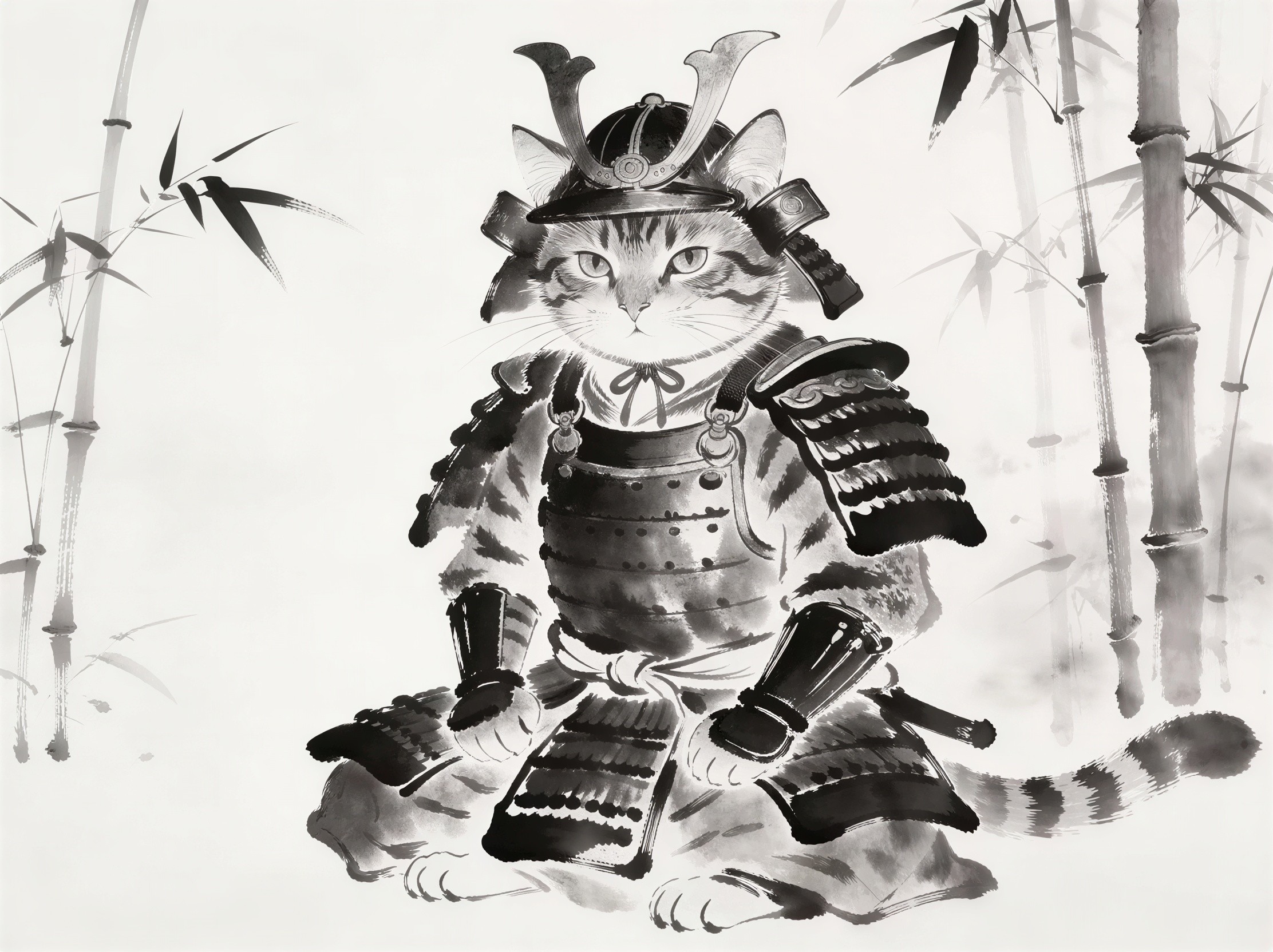 Sumi-e Painting of a Tabby Cat in Samurai Armor