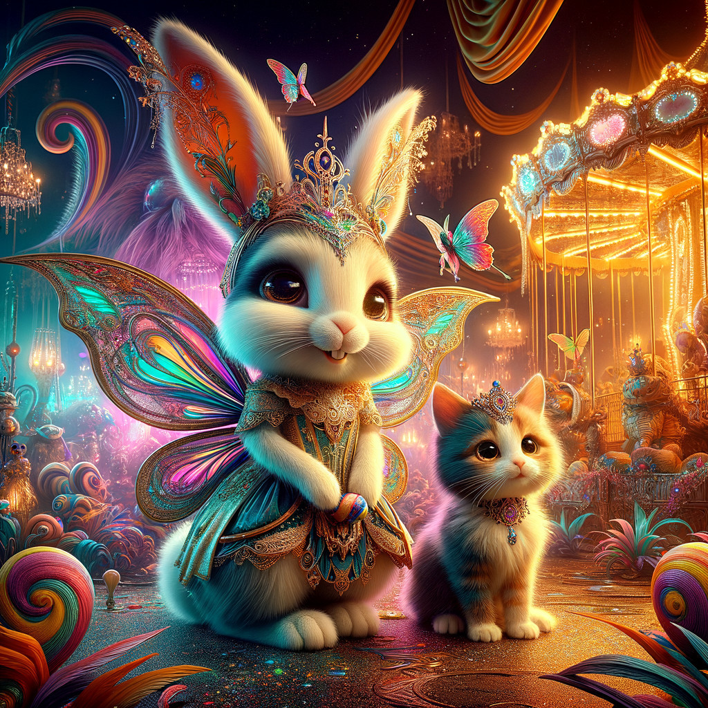 Regal Rabbit and Kitten in a Dreamy Carnival Scene