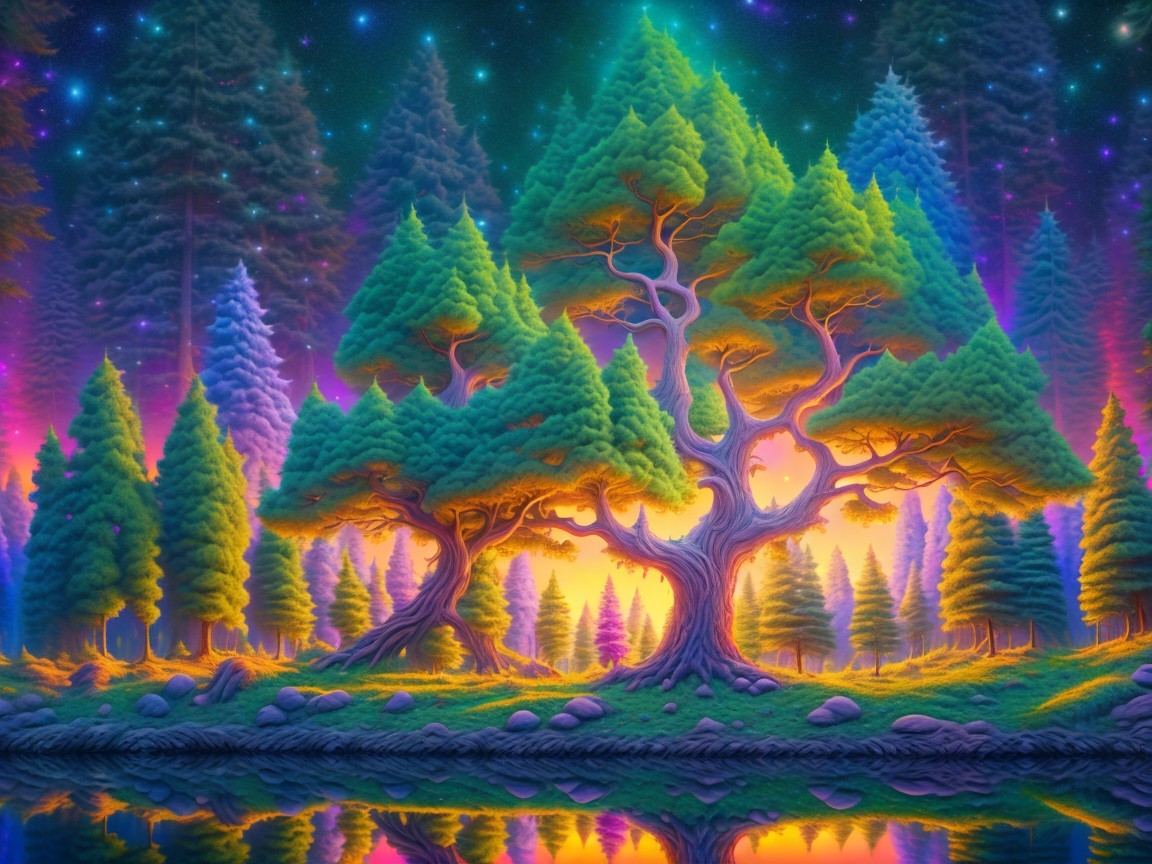 Vibrant Forest Scene with Sunset and Serene Lake