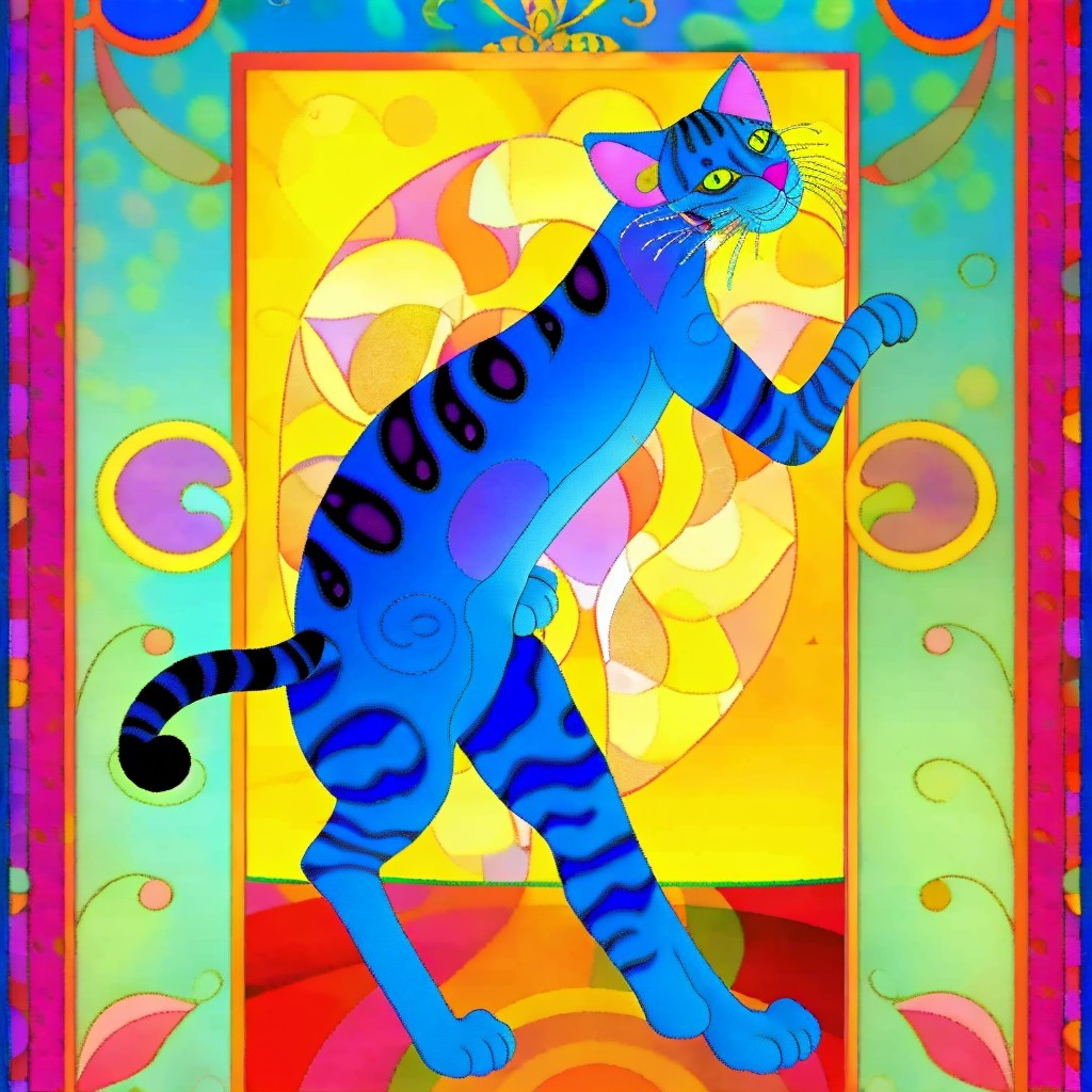 Vibrant Blue Cat with Stripes in Abstract Setting