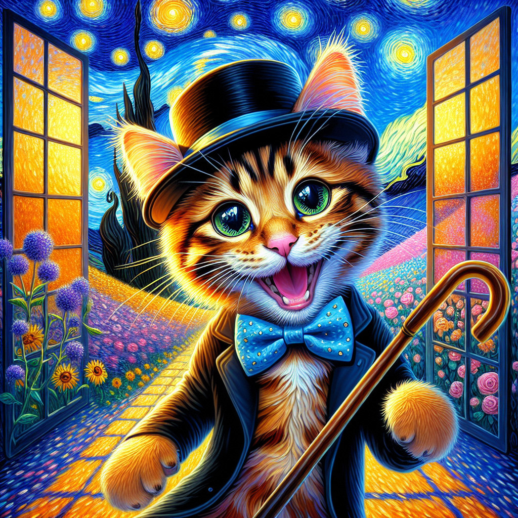Whimsical Cat in Top Hat Against Vibrant Starry Sky
