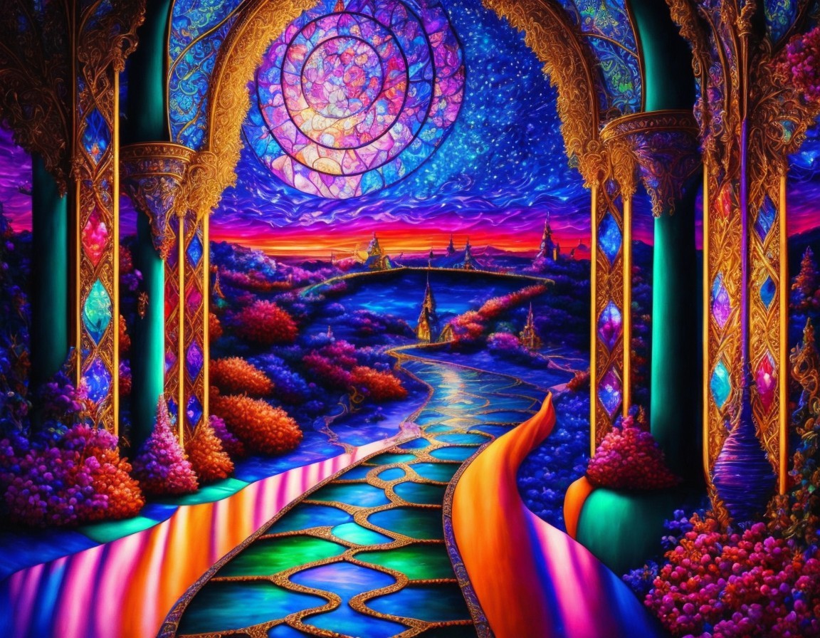 Surreal Landscape with Golden Arches and Colorful Path