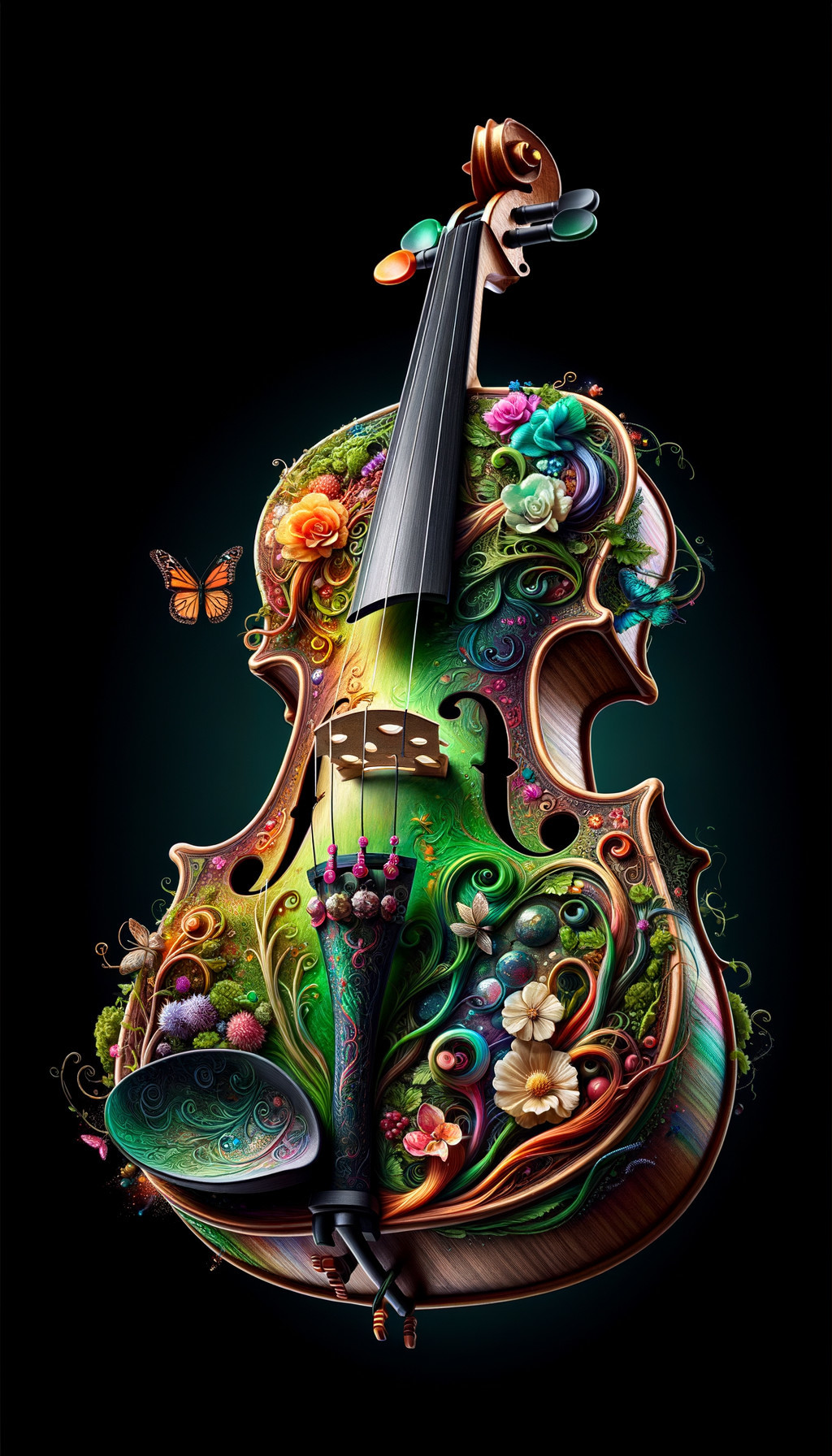 Ornate Violin with Floral Patterns and Butterflies