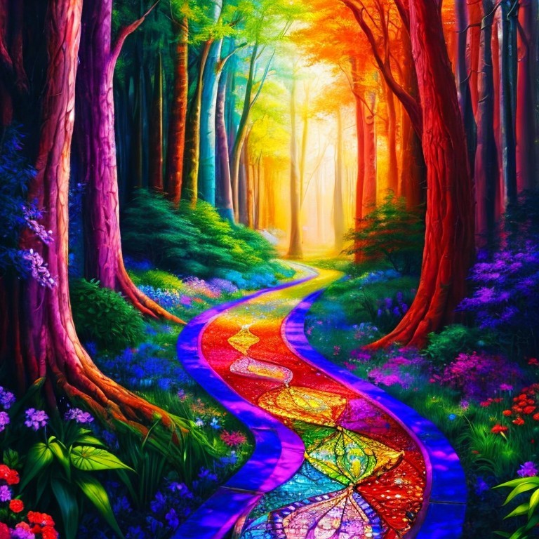 Vibrant Forest Path with Colorful Trees and Flowers