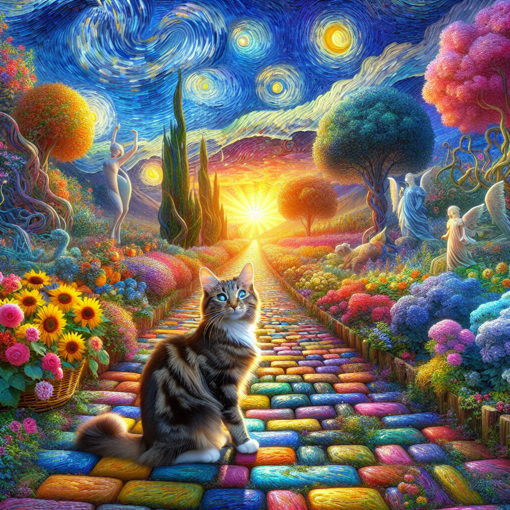Vibrant Landscape with Colorful Path and Majestic Cat