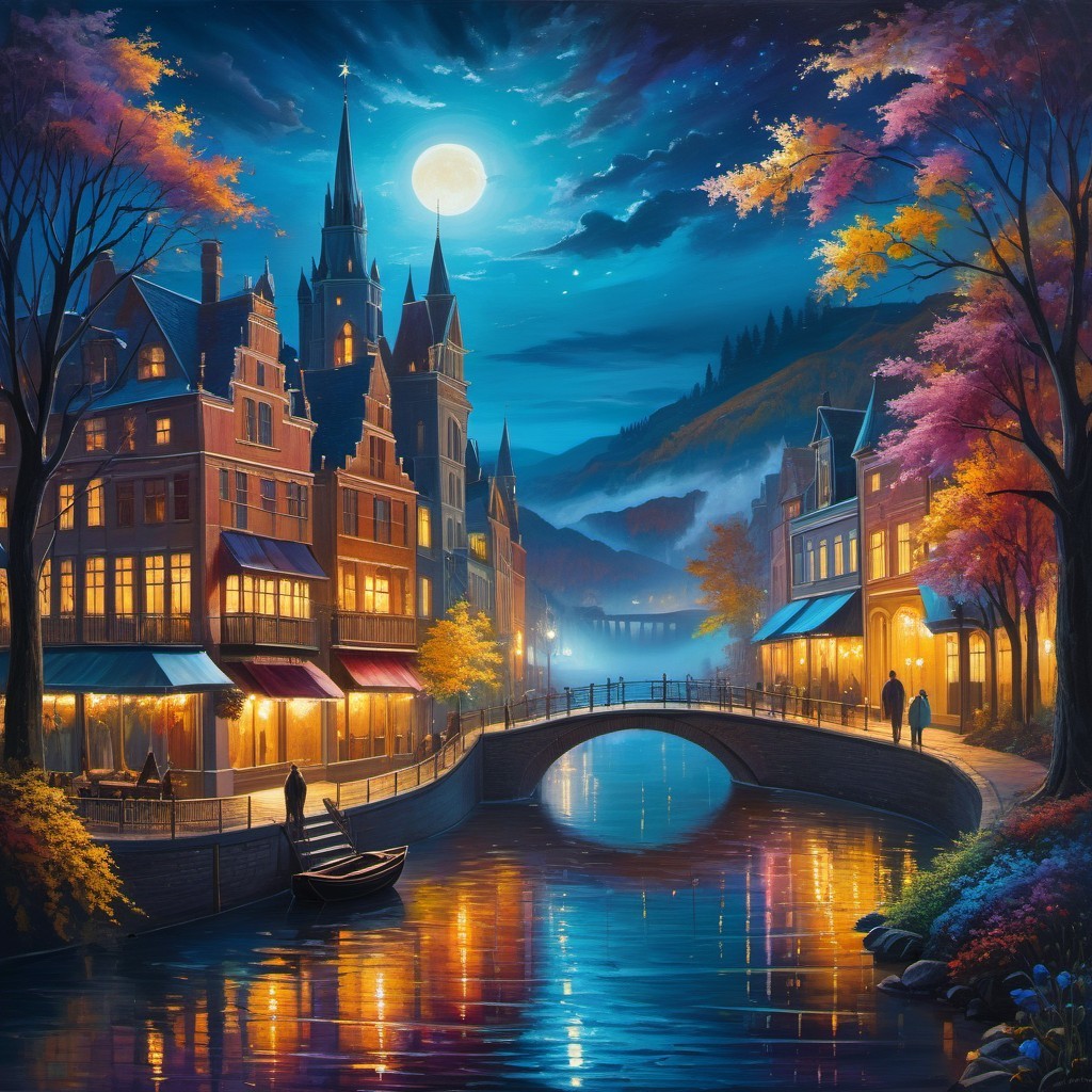 Charming Night Scene of Town by Serene River