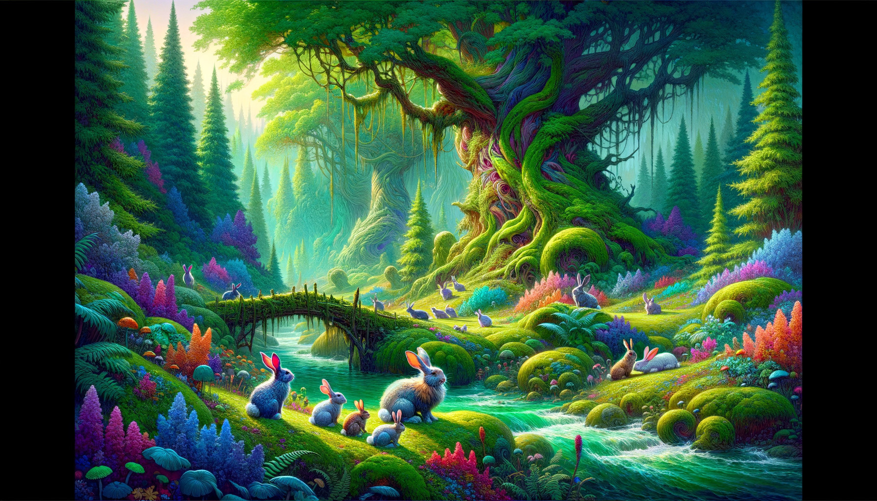 Magical forest with vibrant colors and wildlife
