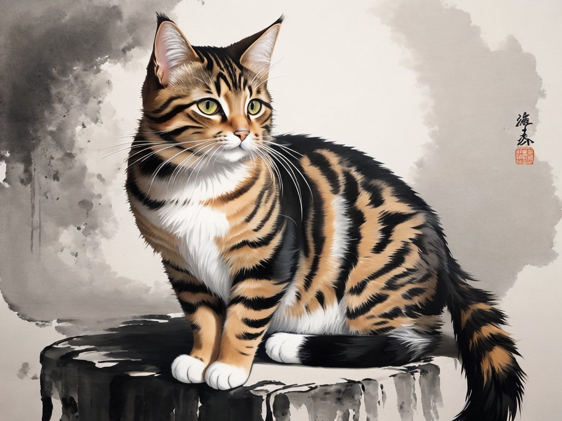 Digital and Ink Wash Painting of a Tabby Cat