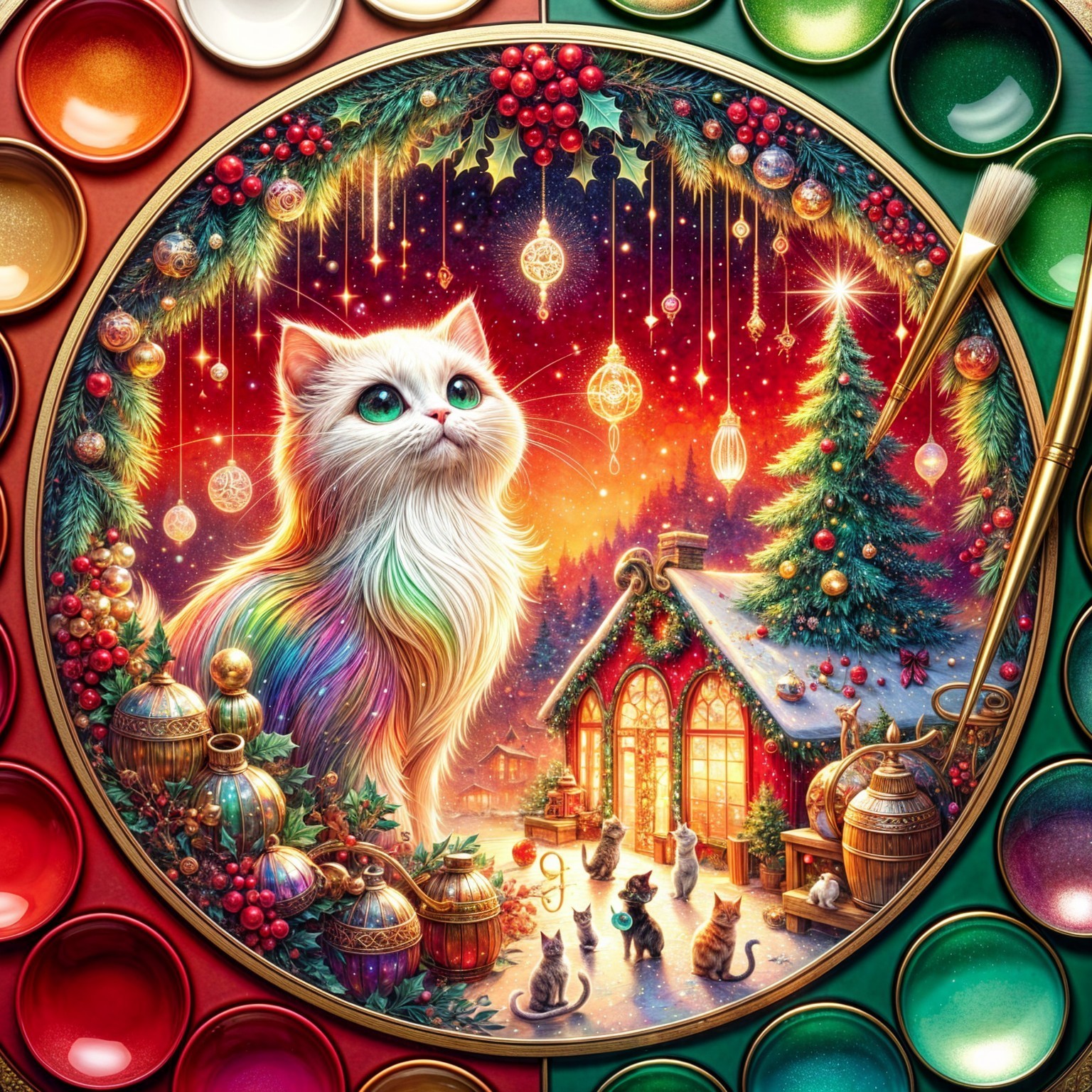 Whimsical Scene of Cats and a Festive Cottage