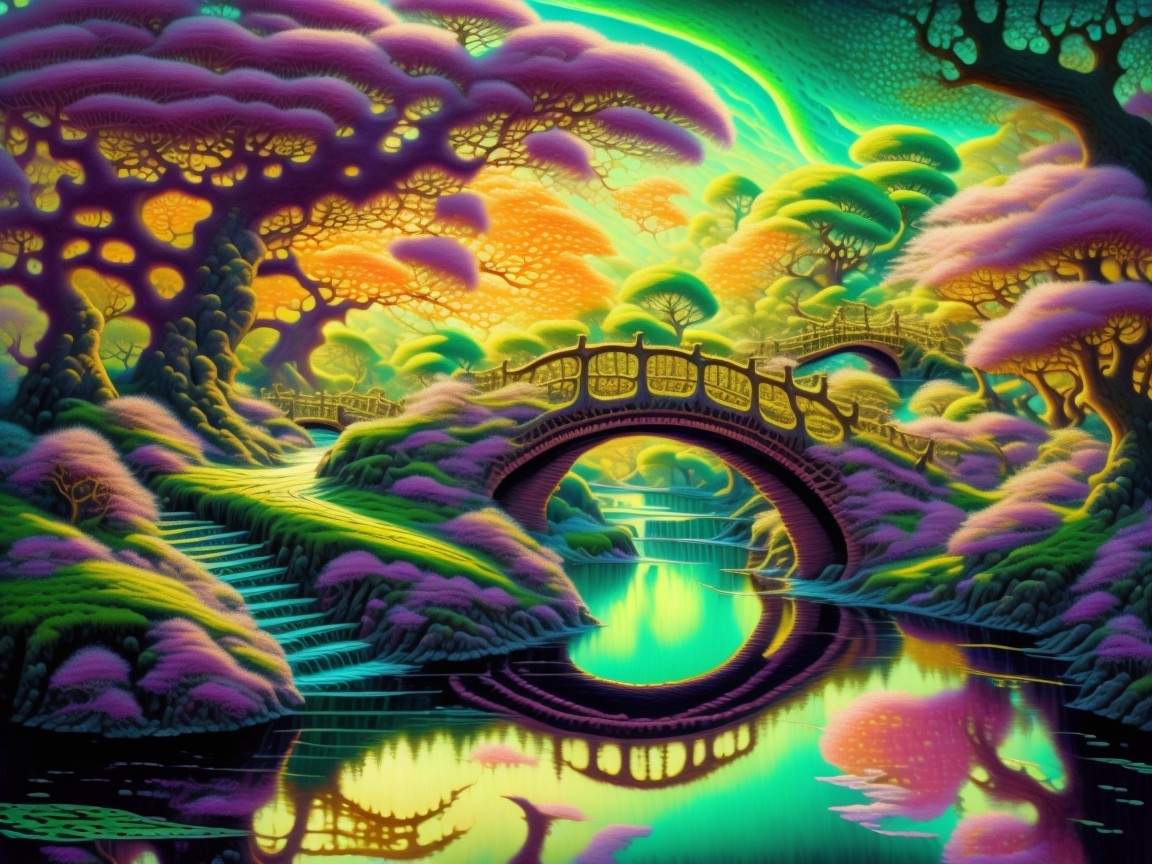Surreal Landscape with Colorful Trees and Bridge