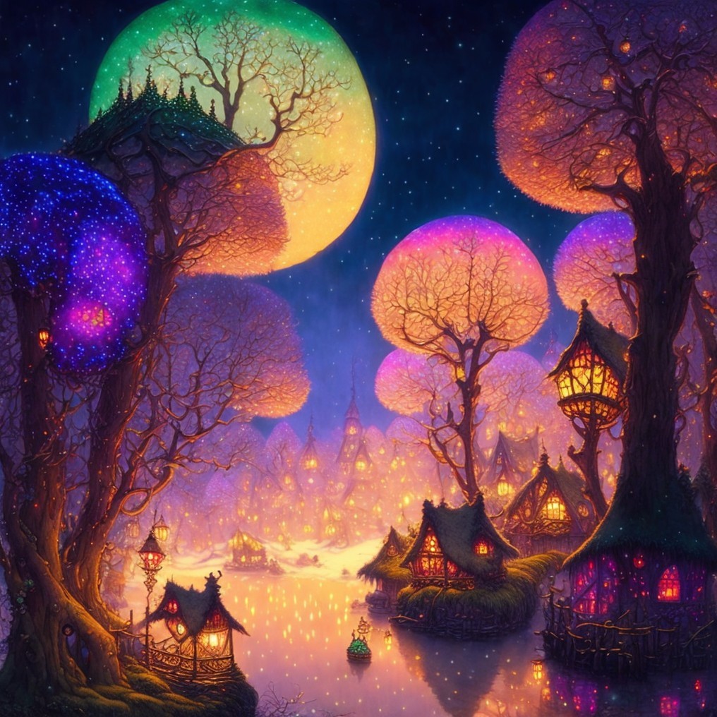 Whimsical Enchanted Landscape with Colorful Trees