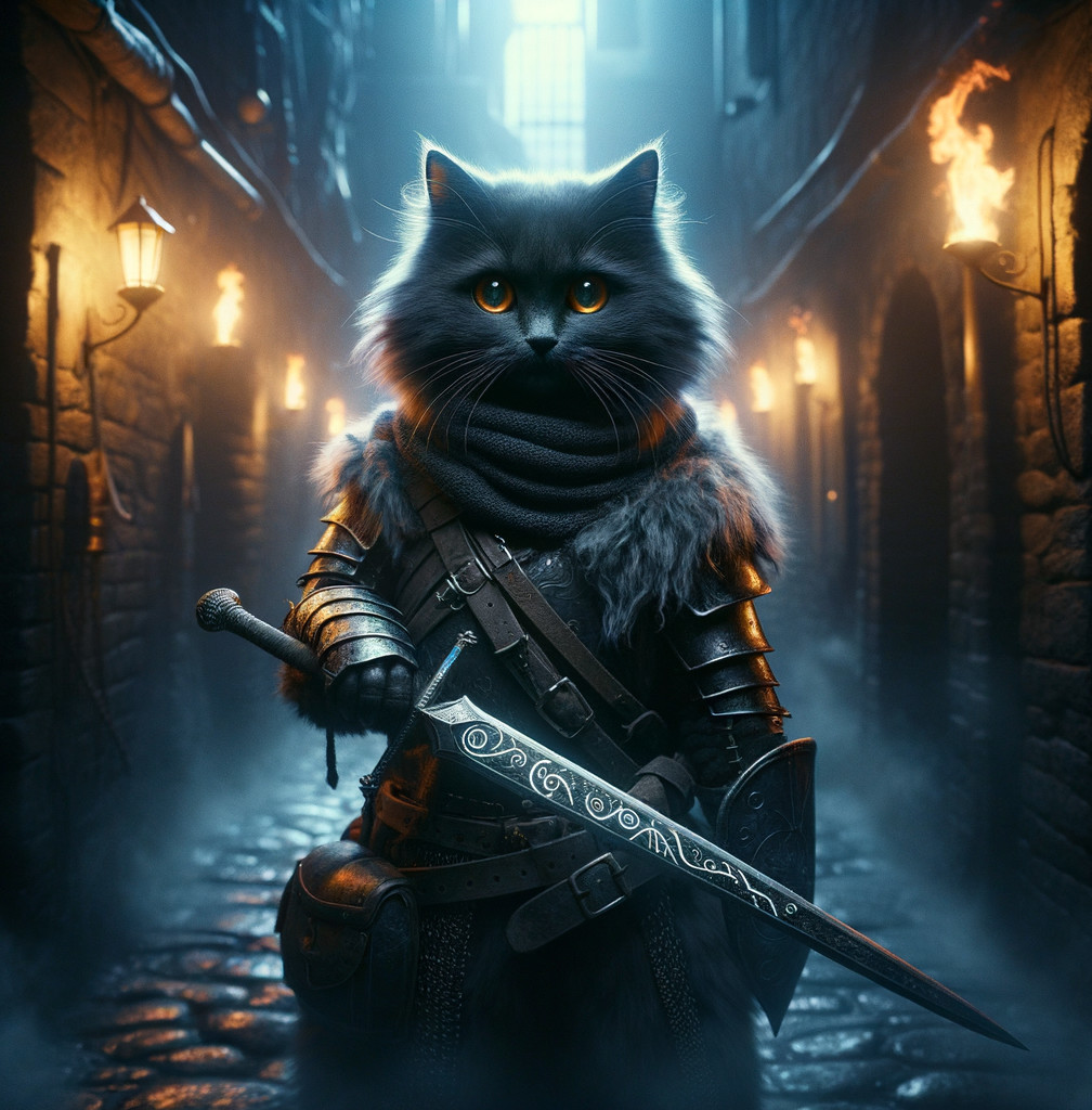 Armored Feline Warrior in Dimly Lit Alley