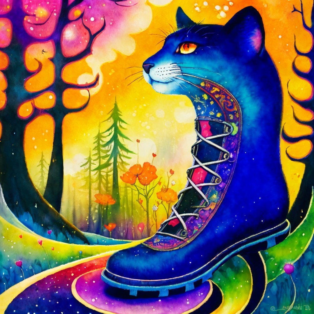 Colorful Illustration of Blue Cat in Hiking Boot