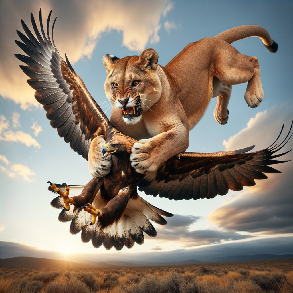 Lioness and Eagle Encounter at Sunset in Open Landscape