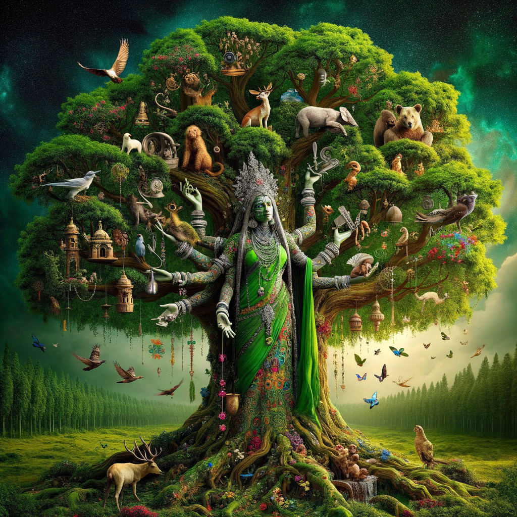 Majestic Tree and Goddess Representing Nature's Harmony