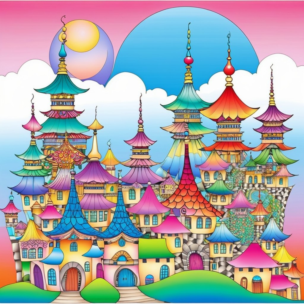 Colorful Village with Multi-Tiered Rooftops and Sky