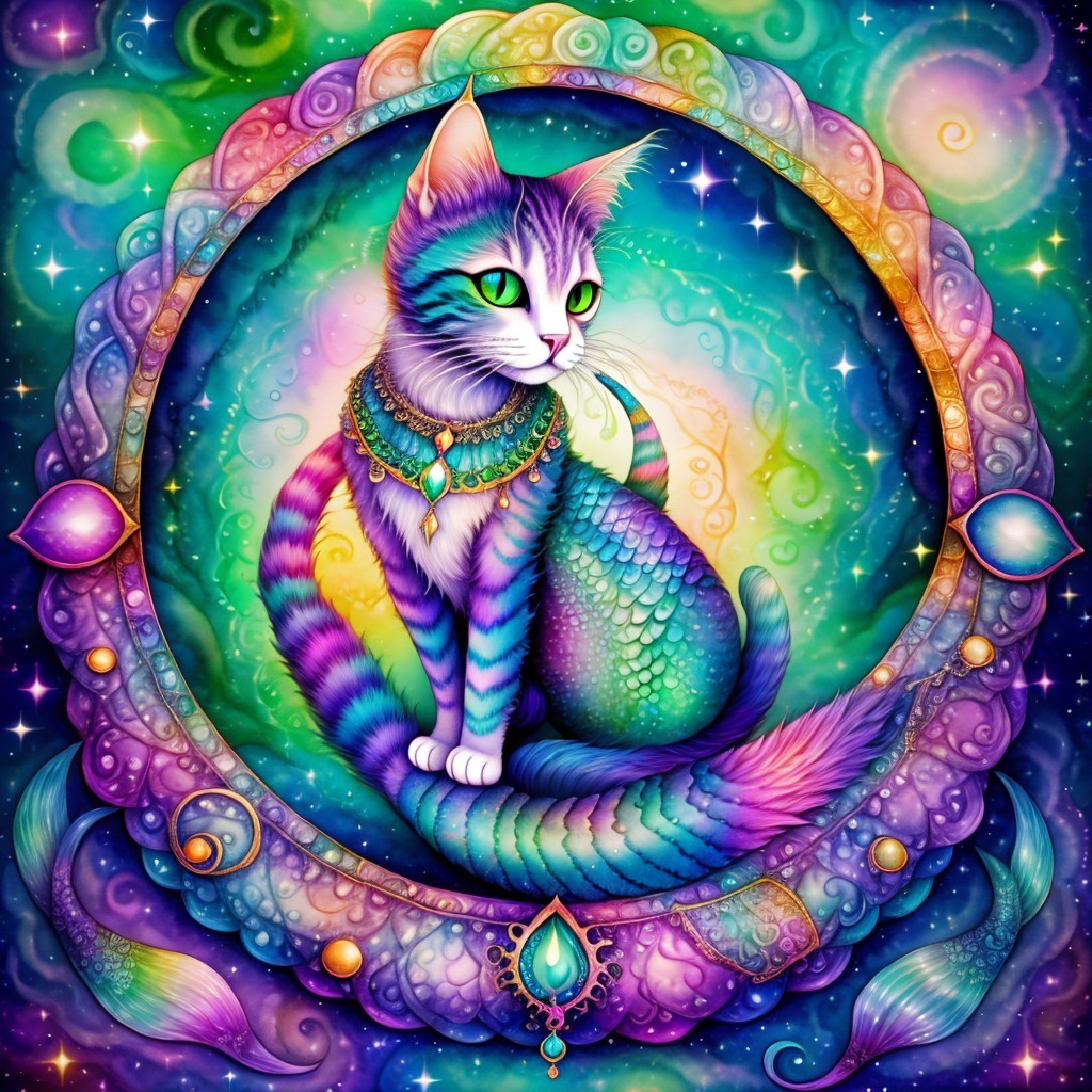 Whimsical Cat with Multicolored Fur in Cosmic Setting