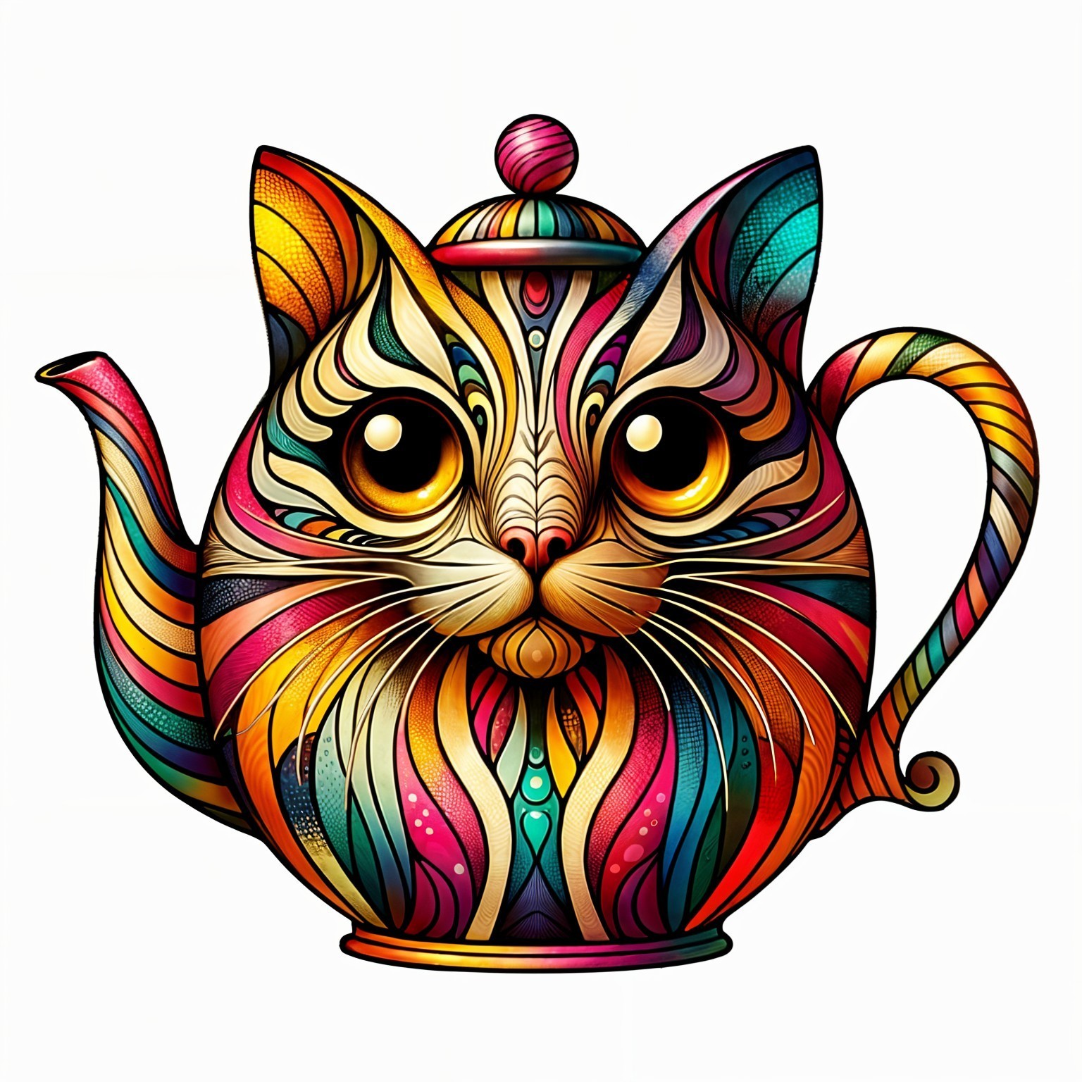 Whimsical Cat-Shaped Teapot with Colorful Patterns