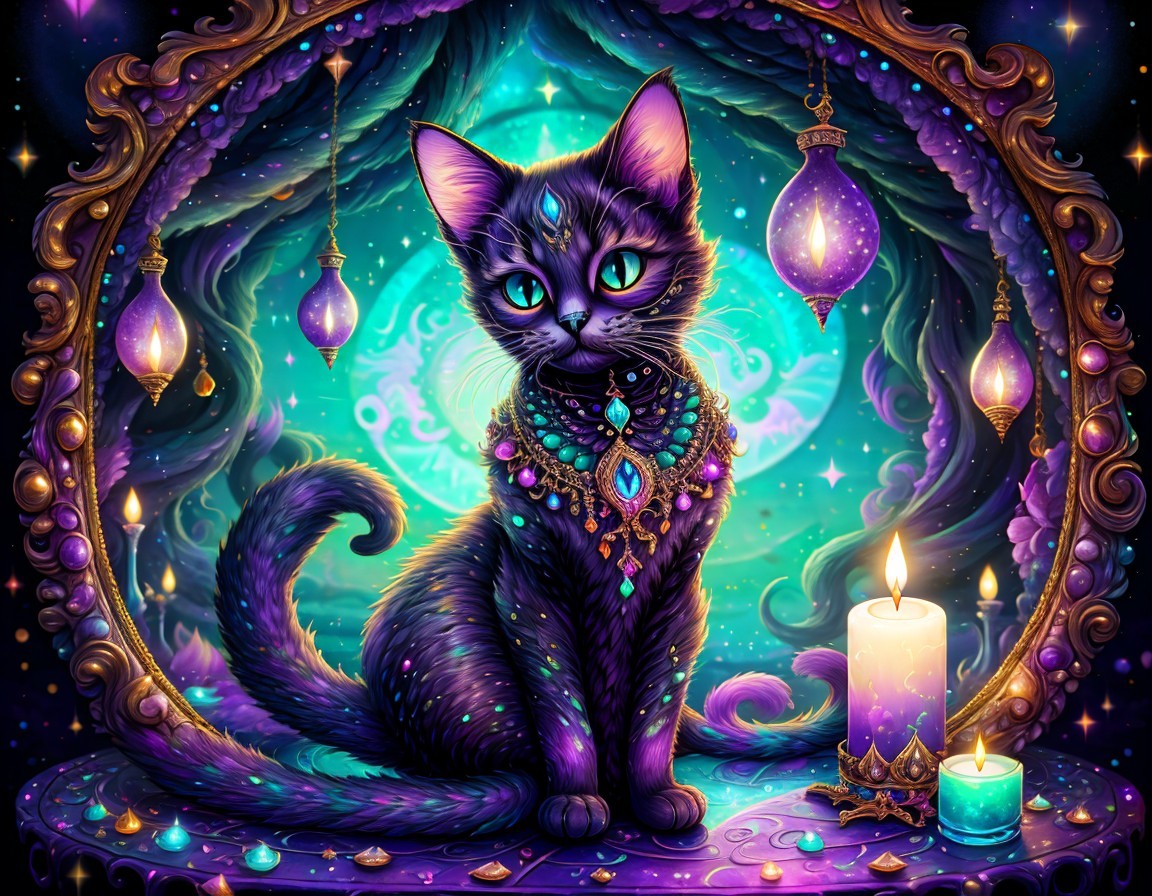 Mystical Black Cat in Ornate Glowing Frame Scene