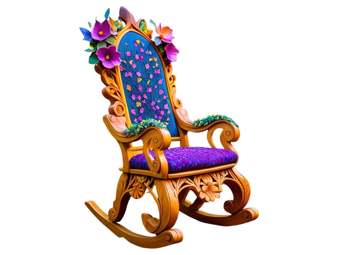 Ornate rocking chair with intricate carvings and upholstery