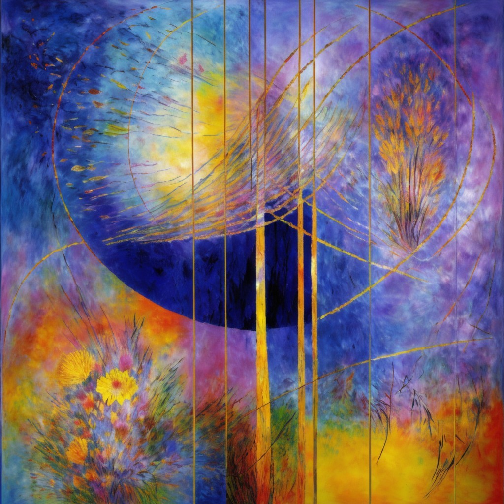 Vibrant Abstract Painting with Blues, Yellows, and Purples