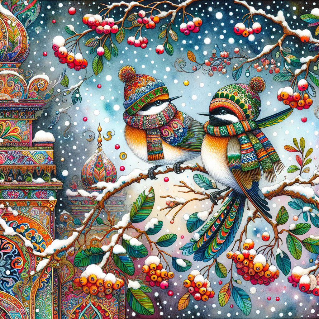 Whimsical Birds on Snowy Branch with Colorful Accents