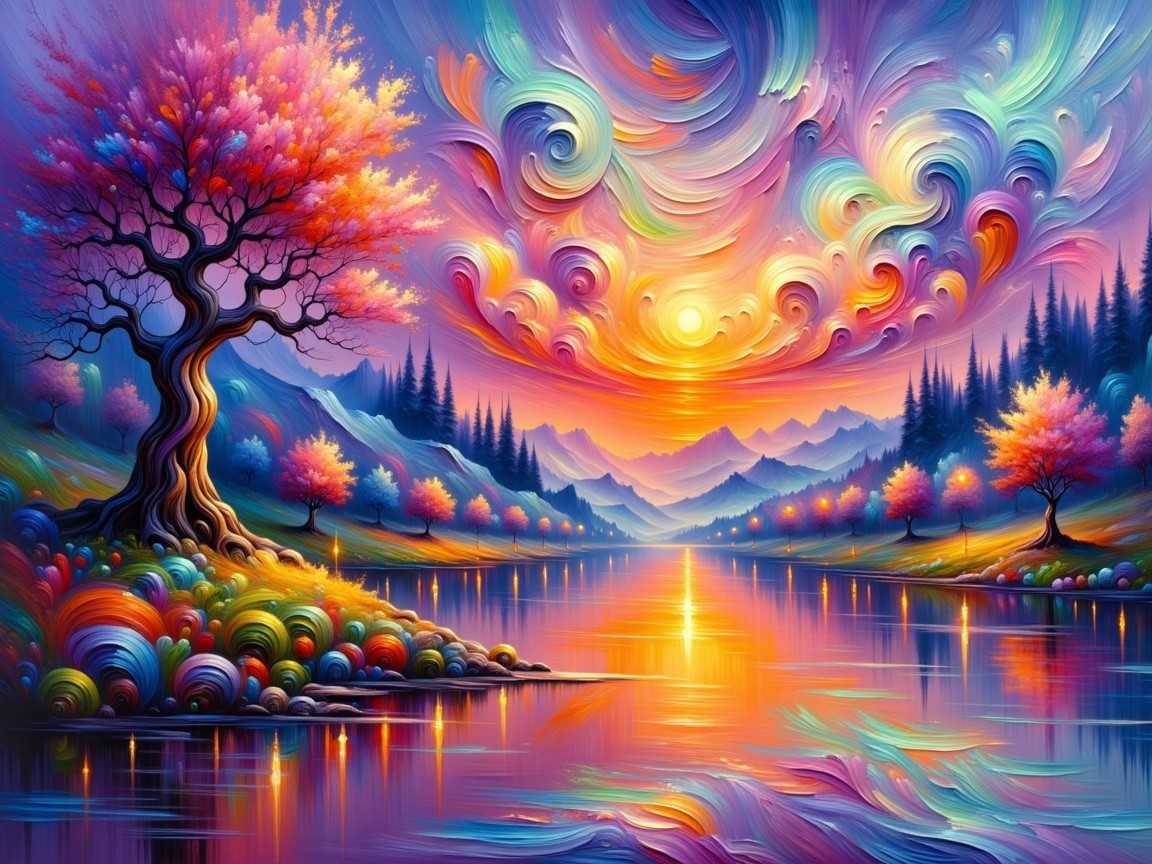 Vibrant landscape with serene river and sunset reflections
