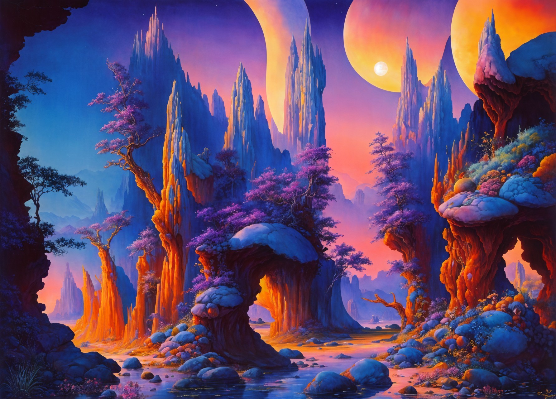Surreal Landscape with Vibrant Colors and Moons