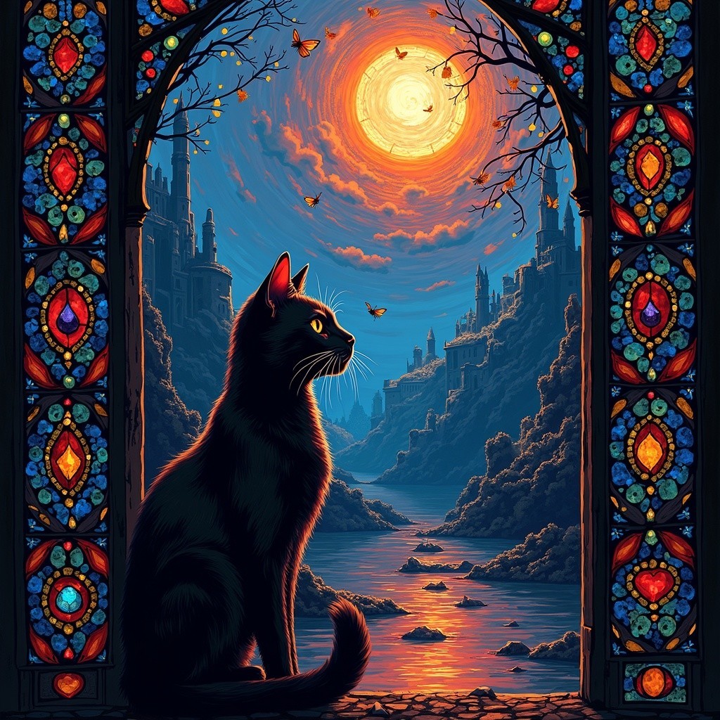 Silhouette of a Cat at a Mosaic Window Scene