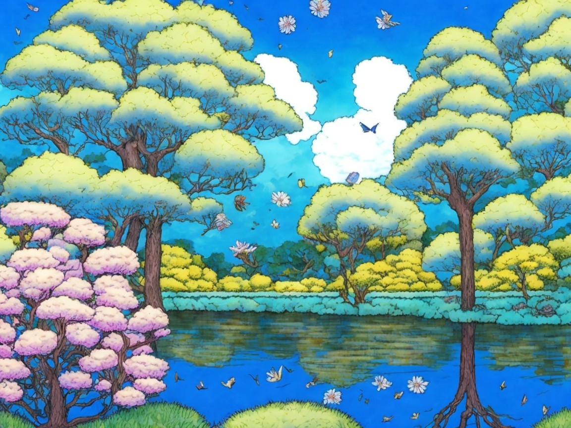 Vibrant Landscape with Serene Lake and Lush Foliage