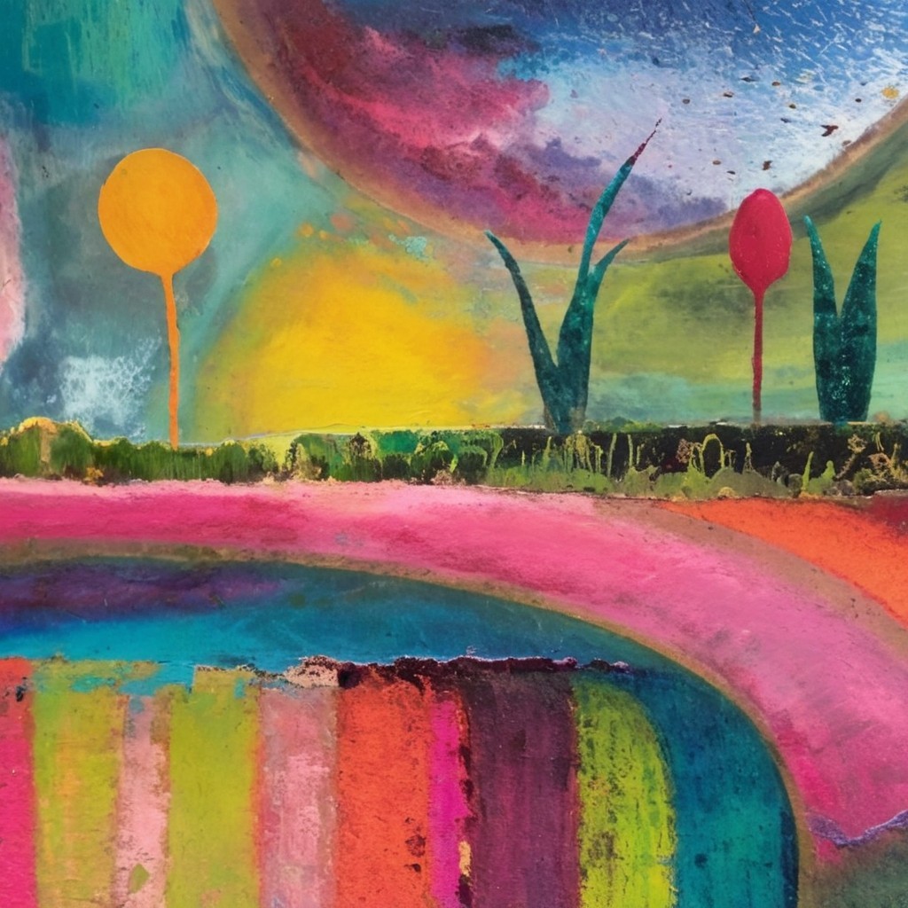 Vibrant Abstract Landscape with Colorful Sky and Suns