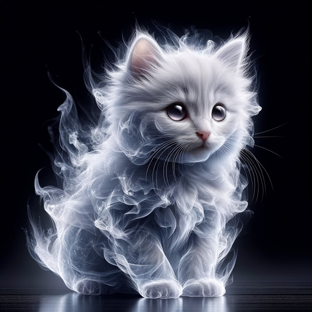 Fluffy White Kitten Surrounded by Ethereal Smoke
