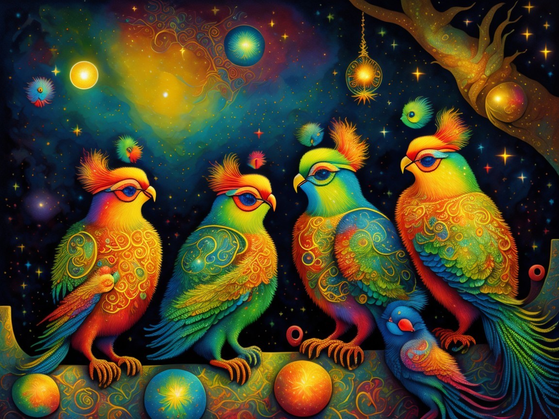 Colorful Birds on Branch in Cosmic Galaxy Scene