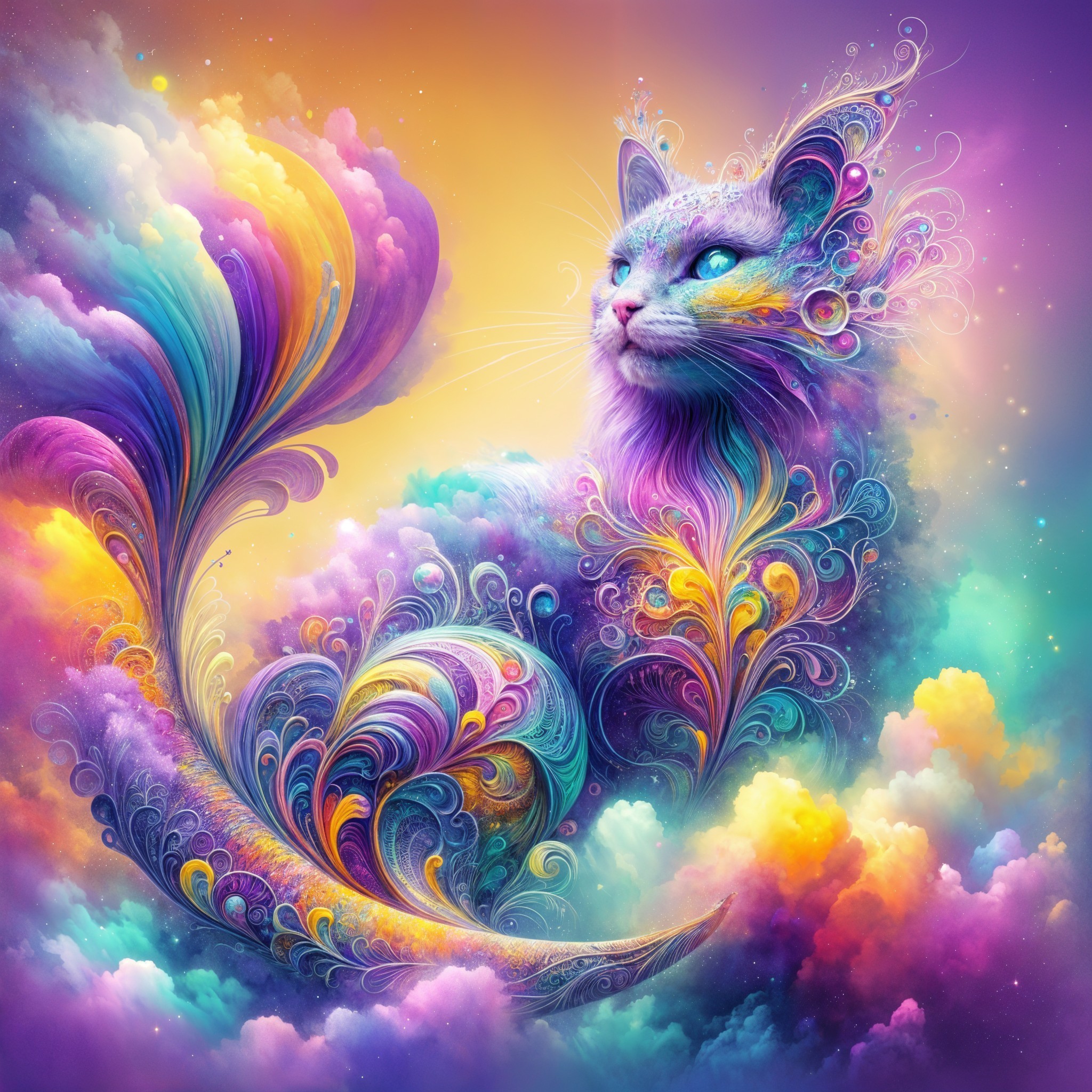 Colorful Cat in Dreamy Cloudscape with Metallic Fur